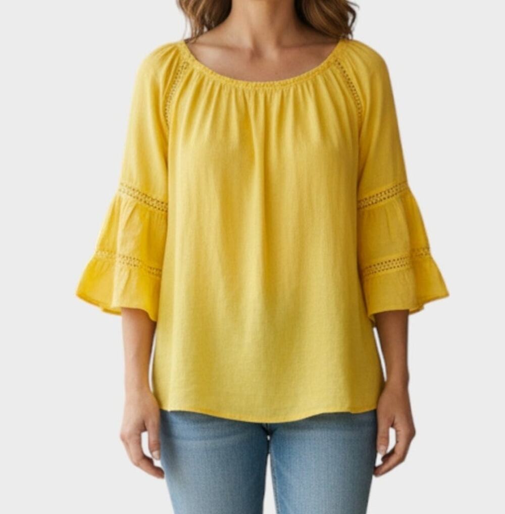 C est 1946 Large Yellow Bell 1/2 Sleeve Round Neck Gauzy Top Rayon Polyester